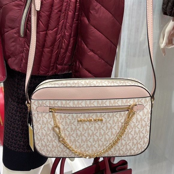 Michael Kors Jet Set Item Large East West Zip Chain Crossbody Optic White/Rs Gld - Picture 9 of 16